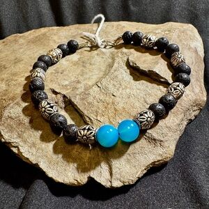 Black and Blue Beaded Bracelet with Silver Accents